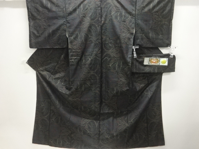 JAPANESE KIMONO / SILK / DORO OSHIMA TSUMUGI / WOVEN FLORAL ARABESQUE